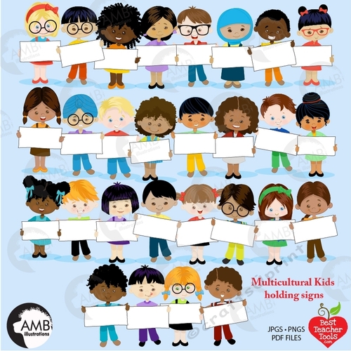 Multi-cultural students Clipart, Multi ethnic kids, dark skin tone kids, African american students Asian kids, Hispanic kids, AMB-2301