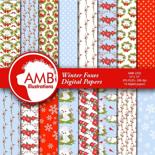 Christmas digital paper, Winter fox papers, Winter papers, White fox papers, Arctic fox pattern, commercial use, instant download, AMB-2302