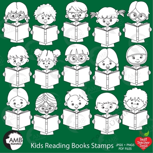 Kids reading books stamps, Reading books clipart, AMB-2307