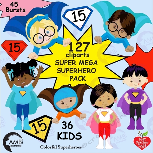 Superhero Bundle Clipart, Multi-cultural superheroes, African superhero, Asian superhero, Indian superhero, AMB-2309