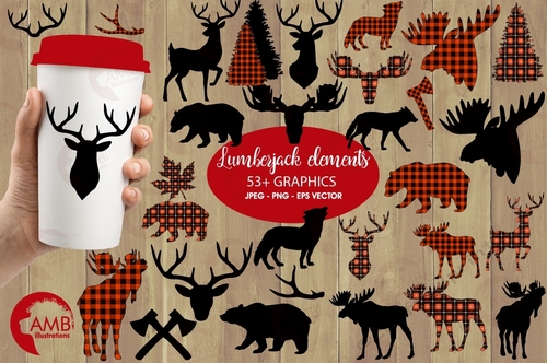 Lumberjack clipart, Buffalo plaid clipart, 54 Forest animal silhouettes, Moose, Trees, Wolf, Deer, Bear, Antlers, AMB-2315