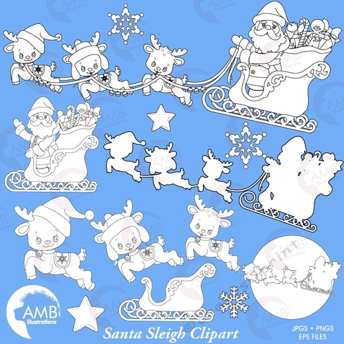 Christmas Digital Stamps, Santas sleigh Stamps, Christmas coloring page, black and white line, Santa and reindeer stamp, AMB-2320