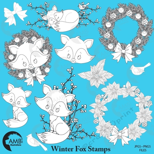 Fox clipart, Cute foxes Stamps, Winter fox stamp, Christmas fox, forest creatures, Arctic fox, forest critters, AMB-2323