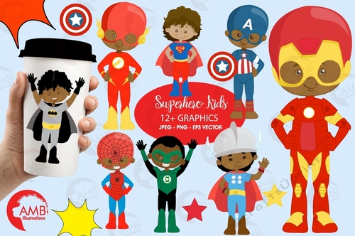 Superhero kids Clipart, Super Hero dark skin tone kids, Superkids Clipart, Kids Birthday, Superhero boys, AMB-2324