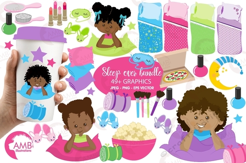 Slumber party Clipart, Sleep over Clipart, African American Girls Spa Night Clipart Package, Makeover Party Clipart, AMB-2336