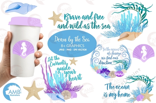 Under the sea Clipart, Coral reef Clipart, Starfish, seashells, Sea quotes, Mermaid quotes,AMB-2342