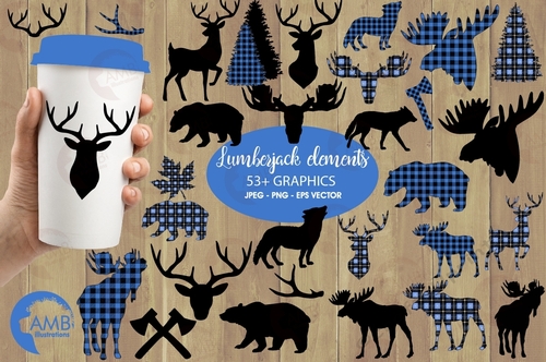Lumberjack clipart, blue Buffalo plaid clipart, 54 Forest animal silhouettes, Moose, Trees, Wolf, Deer, Bear, Antlers, AMB-2359