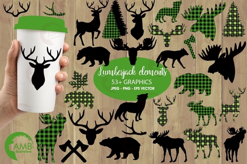 Lumberjack clipart, GREEN Buffalo plaid clipart, 54 Forest animal silhouettes, Moose, Trees, Wolf, Deer, Bear, Antlers, AMB-2360