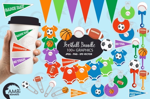 Baby sport clipart, Soccer, basketball, football, baseball, Baby onesie, sport flags, sport bibs, sport onesie, AMB-2366