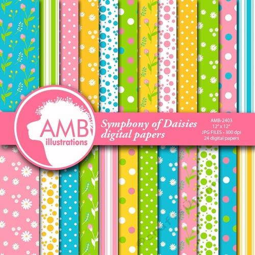 DAISY paper, daisy floral Digital Papers, polka dots, stripes,dots, florals, floral pattern, scrapbook paper, AMB-2403