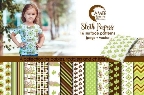 Sleepy Sloth Digital Papers, Sloths digital backgrounds, Cute sloth pattern papers, for card making and crafts, AMB-2206