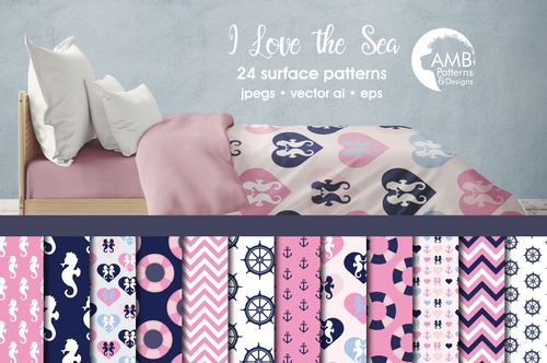 Nautical papers, Nautical digital papers, Nautical girls, Coastal papers in pink, Nautical scrapbook papers, AMB-116