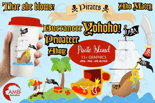 Pirate Clipart, Pirate Ship clip, Treasure Chest, Treasure Island, Pirate Birthday, Buccaneer, AMB-176
