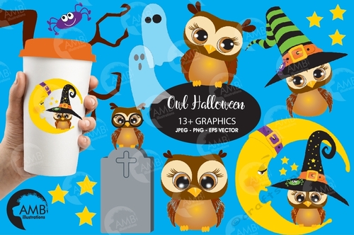 Halloween clipart, Owl clipart, Halloween owl clipart, tombstone clipart, ghost clipart, cute owl clipart, AMB-265