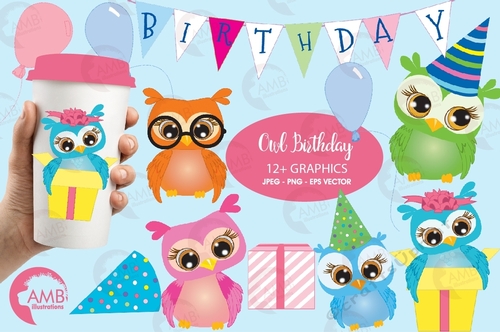 Owl Birthday party clipart, commercial use, vector graphics, digital clip art, digital images, AMB-268