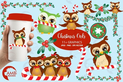 Christmas Clipart, Owl Clipart, Owls Clip Art, Christmas Owls Clipart, Candy Canes, Holly and Mistletoe Clipart, AMB-278