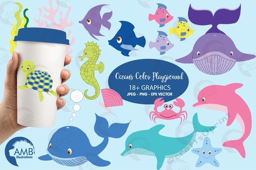 Sea creatures clipart, sea creatures clip art, whale clipart, vector graphics, digital clip art, AMB-458