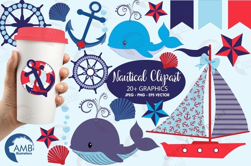 Nautical clipart, nautical clip art, boat clipart, anchor clipart, bunting clipart, whale clipart, beach clipart, AMB-522
