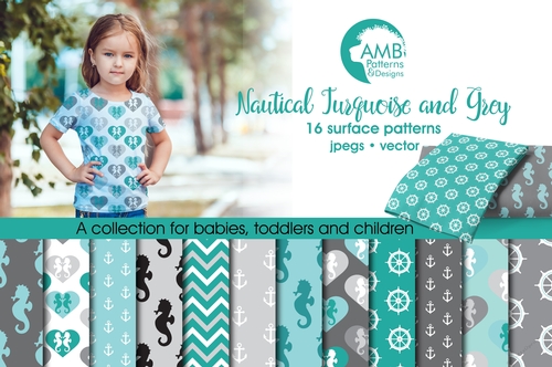 Nautical Digital Papers in Turquoise and Grey, Coastal papers, Nautical scrapbook papers, AMB-562