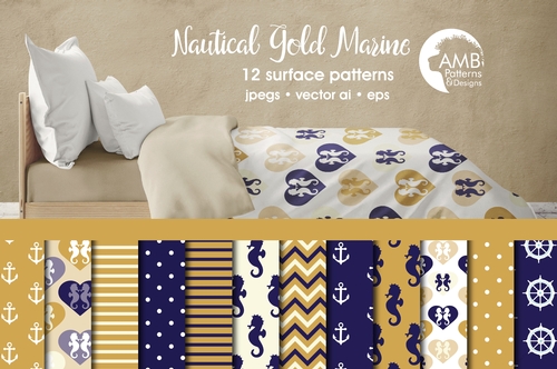 Nautical digital papers in Gold and Marine, Coastal Papers Scrapbook papers, Anchors, seahorses, AMB-563