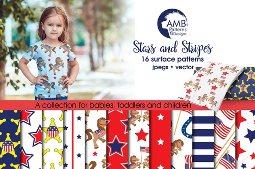 Stars and stripes digital papers, Fourth of July, Independence day, Red, white and Blue scrapbook papers, AMB-828