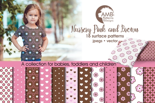 Nursery Digital Papers, Brown and Pink Papers, Polka Dot Papers, floral papers, Heart papers, Commercial Use, AMB-837