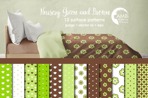 Nursery Digital Papers, Green and Brown papers, Polka Dot papers, Floral Papers, Heart Papers, Green Papers, AMB-838