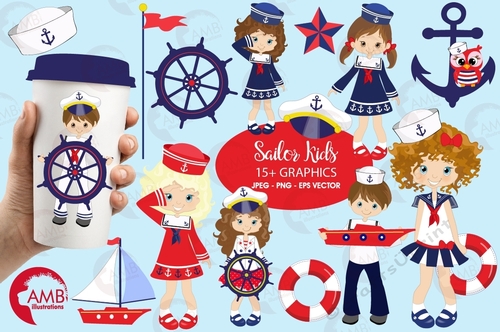 Nautical clipart, Nautical kids clipart, Nautical fashion girls, Coastal clipart, AMB-893