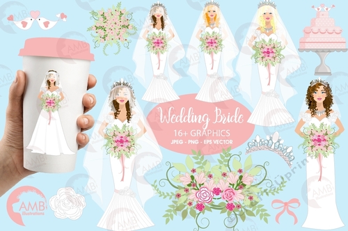 Wedding clipart, Wedding BRIDE clipart, bride clipart, avatar clipart, vector graphics, digital clip art, AMB-937