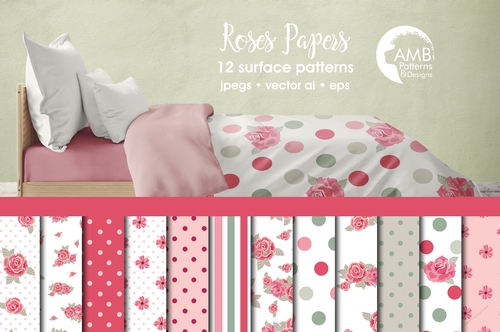 Roses Digital Papers, Shabby chic papers, pastel pink papers,spring scrapbook papers, AMB-954