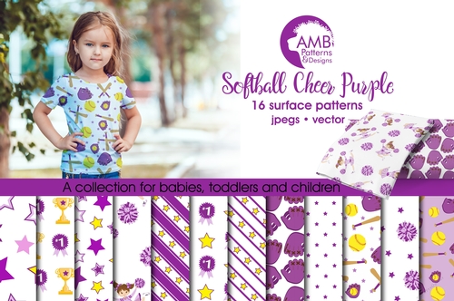 Softball Digital Papers, Purple Cheerleader papers, Sport scrapbook papers, Purple baseball backgrounds, AMB-962