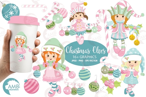 Christmas Clipart, Shabby Chic Christmas Girl Elves Clipart, Christmas Elves Clipart, Instant Download, AMB-994
