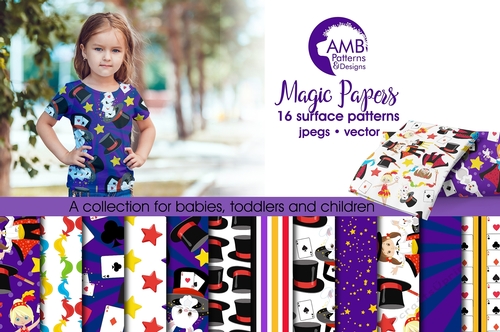 Magician Digital Paper, Magic Party Papers, Magic Show Birthday Party scrapbook papers, digital backgrounds, AMB-1193