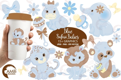 Jungle Animals clipart, Jungle animal babies clipart, Blue Baby Animals, Jungle Clip art, vector graphics, AMB-1211