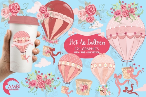 Wedding clipart, Hot Air Balloon Clipart, Bridal Shower clipart, Floral clipart, Hotair ballon clipart, AMB-1231