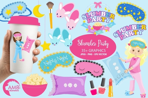 Slumber party, girls sleep over, pyjama party clipart, Birthday party clipart, digital clip art, AMB-1234