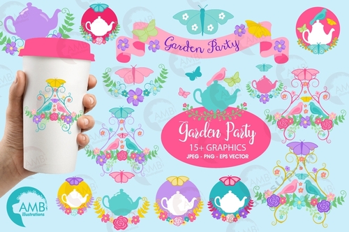 Tea time clipart, Garden clipart, Tea cup, Banner, embellishments, Garden Party, digital clip art, AMB-1241