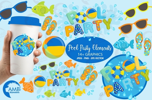 Pool Party Clipart, Titles and Embellishments, Pool party Invitations for boys, Birthday Party Clipart, AMB-1260