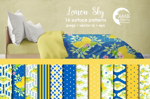 Lemonade Digital Papers, Lemonade stand paper, Picnic Papers, Scrapbook Papers lemon yellow and blue, AMB-1267