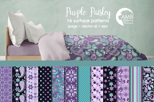 Paisley Digital Papers, Shabby Chic, Floral Digital Papers, Purple Paisley Floral Pattern, Scrapbook Paper, AMB-1458