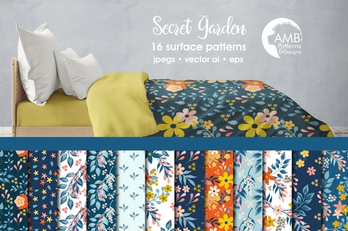 Floral papers, Secret Garden Digital Papers, Shabby Chic papers, Oranges and blues, scrapbook papers, flower paper, digital paper, AMB-1835