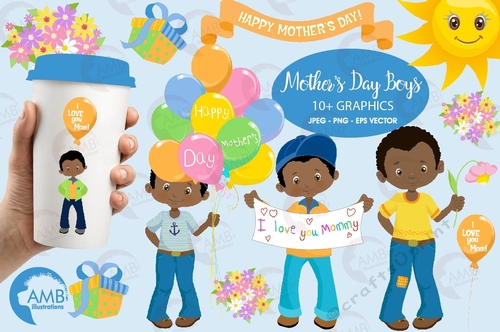 Mothers day Clipart, African American Mothers Day boys, Mom clipart, boys holding flowers clipart, fashion kids, digital clip art, AMB-1920