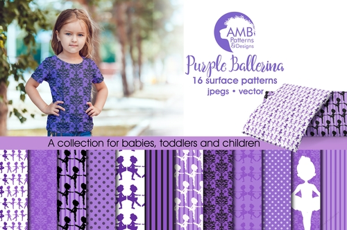 Ballet silhouette digital papers, Ballerina papers, Purple Ballet silhouettes paper, Lavender Ballerina papers, Ballet papers, AMB-1949