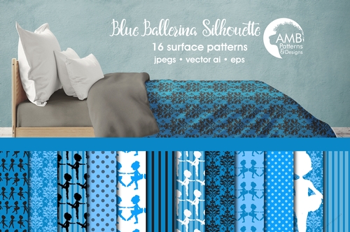 Ballet silhouette digital papers, Ballerina papers, Blue Ballet silhouettes paper, Royal Blue Ballerina papers, Ballet papers, AMB-1950