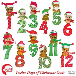Christmas Clipart, Christmas Owls with Numbers Clipart, 12 Days of Christmas, Commercial Use, Instant Download, AMB-361