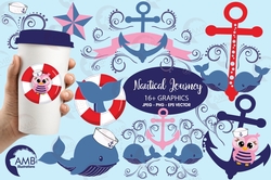 Nautical clipart, Sailing Clipart in Red and and Blue, Whale Clipart, Anchor Clipart, Owl Clipart, AMB-808