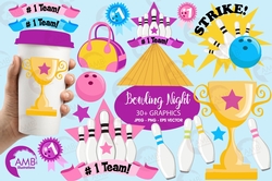 Bowling Night Clipart, Bowling Clipart, Bowling Ball Clipart, Pins, Ball, Sports Clipart, AMB-935