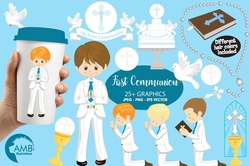 First communion clipart, Christian clipart, Bible, church, rosary, communion banner, digital clip art, AMB-1262