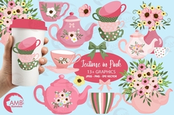 Tea time clipart, Teapot, Tea Party Clipart, Tea pot, tea time, Teatime Pink FLOWERS clipart for scrapbooking, AMB-1981