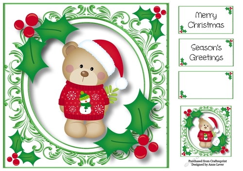 Christmas Teddy Bear & Mistletoe 8x8